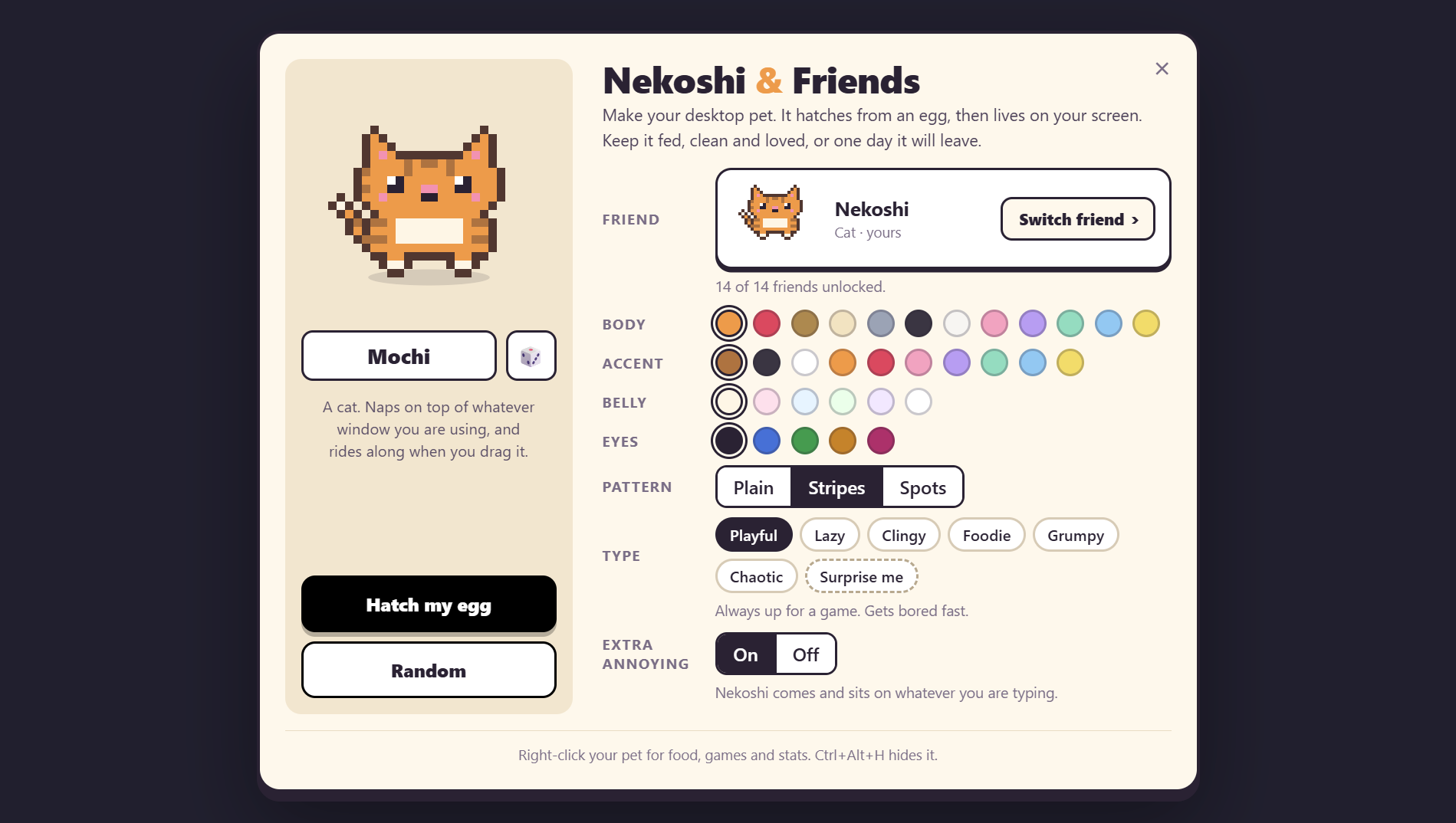 The Nekoshi & Friends setup screen, where you pick your friend’s colours, pattern and personality